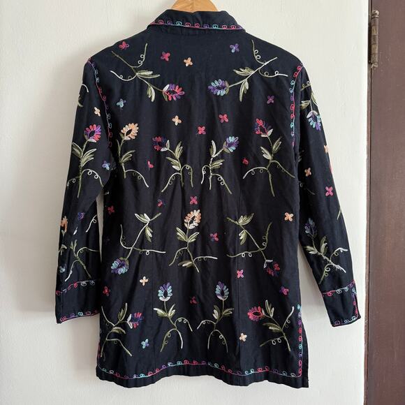 Life Style Black Linen cotton Blend Floral Embroidered Tunic Shirt Petite Large - Picture 2 of 5